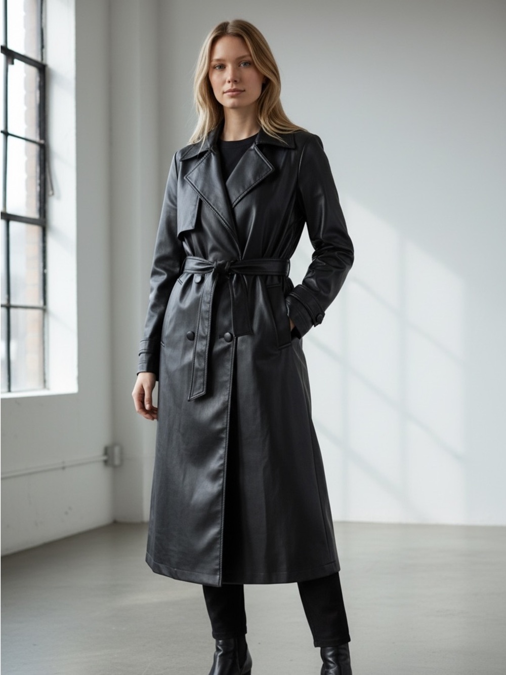 Vintage Who’s There Black Faux Leather Trench Coat Women’s L Belted Y2K Grunge